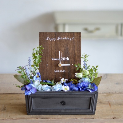 ご両親へのプレゼント 木製パネルの花時計・ブラウン 木箱の花時計　