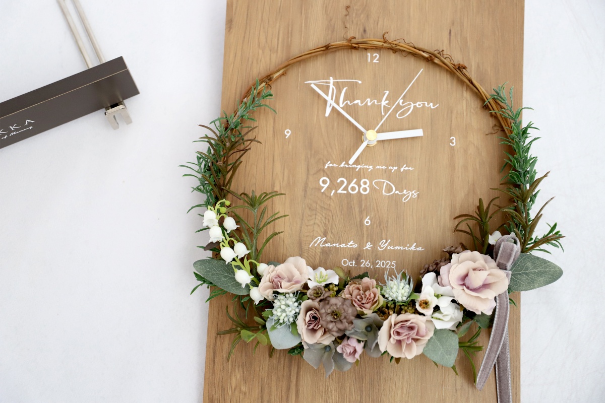 結婚式の記念品の花時計の印字イメージ