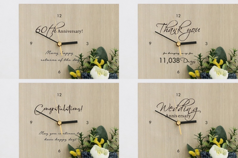 創立記念品や開店祝いの花時計の印字例イメージ