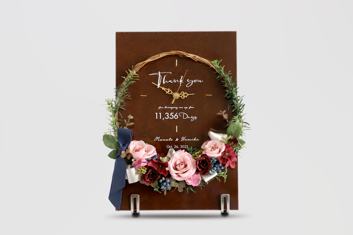 結婚式や古希喜寿祝いに人気の花時計の正面イメージ