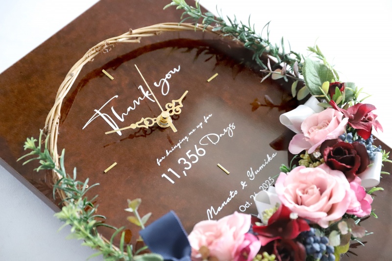 結婚式の記念日や古希の花時計の印字イメージ